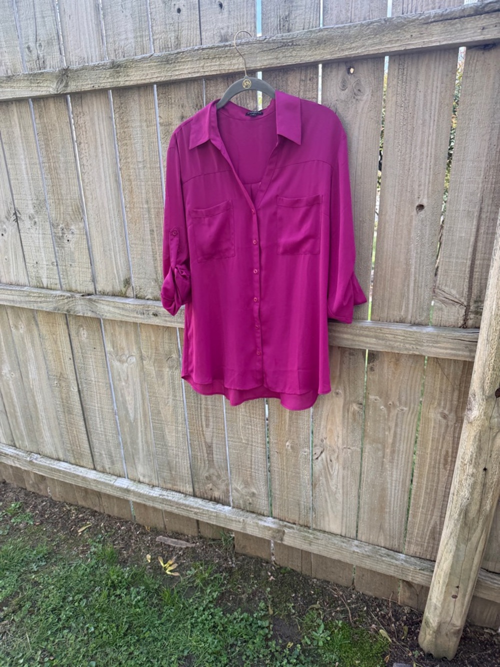 Express Magenta Button-Front Roll-Sleeve Blouse